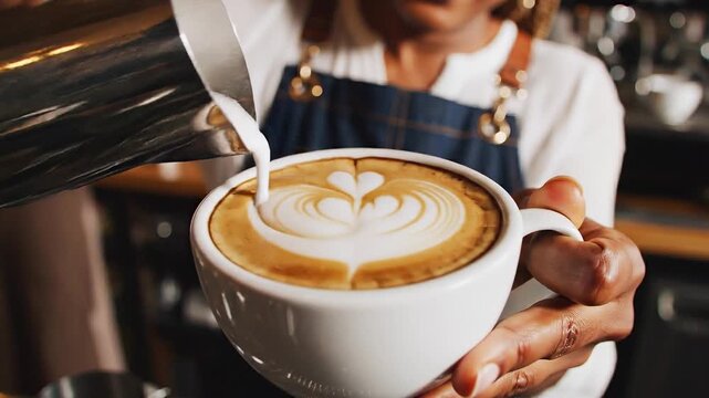 Skilled barista carefully pours steamed milk from a metal pitcher to create a beautiful heart design in a freshly made cup of rich coffee latte art.