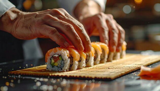 Cinematic close-up of sushi rolling on bamboo mat, chef hands assembling sushi