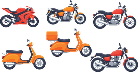 Colorful motorcycle and scooter vector set featuring sport bikes, classic motorbikes, and delivery scooters, flat illustration style for transport design, apps, posters, and branding projects © Sumona