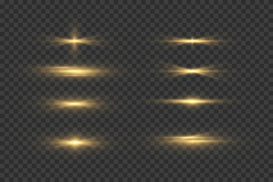 Golden horizontal light glow set on transparent background for highlight and reflection overlays