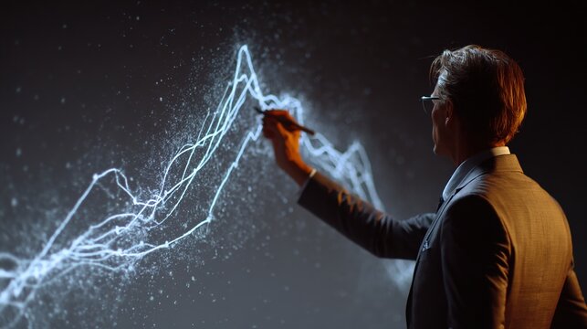 Visionary's Insights: A determined professional meticulously studies and manipulates dynamic data on a large display, representing strategic analysis and forecasting