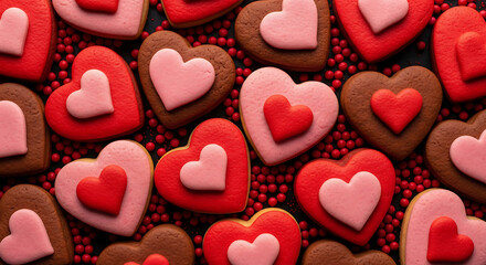 Fototapeta premium Valentine's day heart shaped cookies with red and pink icing