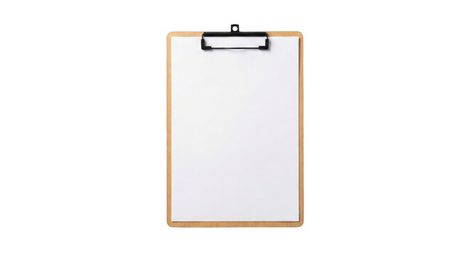 Wooden Clipboard with Blank White Paper Sheet and Metal Clip Stationary Office Supplies isolated on transparent background