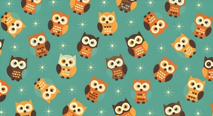 Fototapeta premium seamless pattern of owls on teal green background. Vintage pattern