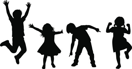 Obraz premium Set of 4 children silhouette icons showing playful poses including jumping, dancing, leaning, and energetic stances with expressive gestures