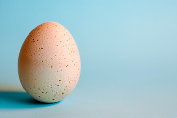 The egg on blue background. Easters concept, close up, copy space