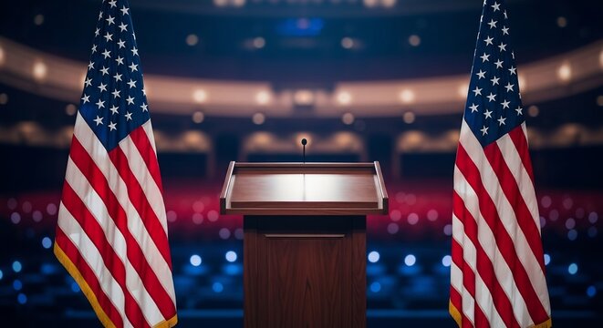 Podium with American Flags in Empty Auditorium