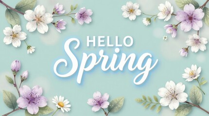Obraz premium Flowers and text welcome spring on a background of soft blue color