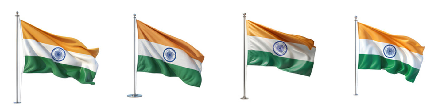 Four indian flags waving on poles isolated on transparent background