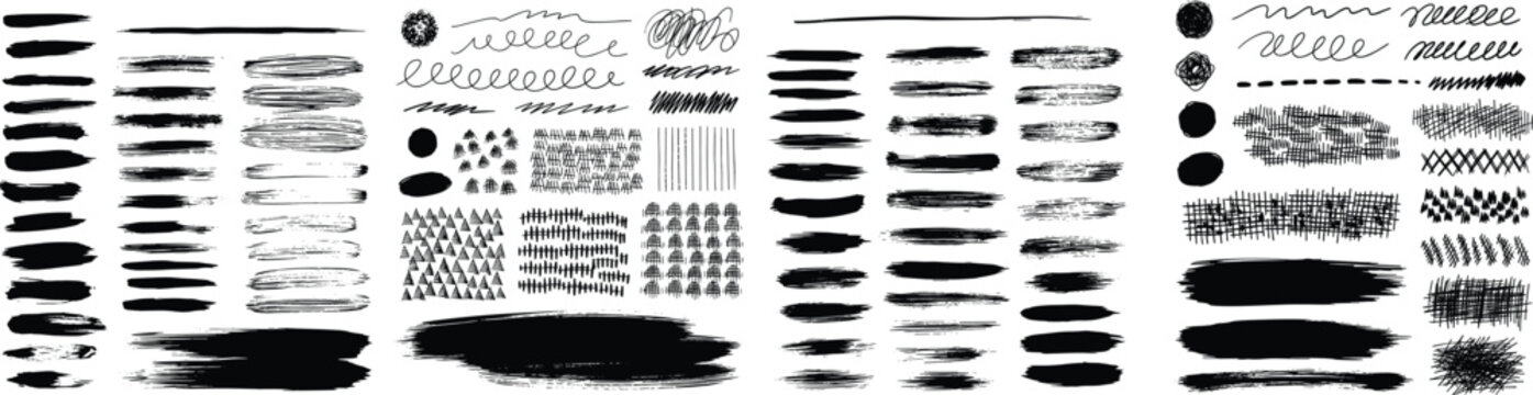 Collection of various black paint brush strokes on white background