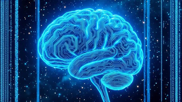Blue glowing brain with circuit patterns