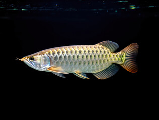 Fototapeta premium Majestic silver arowana gliding leftward in dark underwater backdrop, illuminated by soft left-side light, showcasing iridescent green scales and multicolored fins