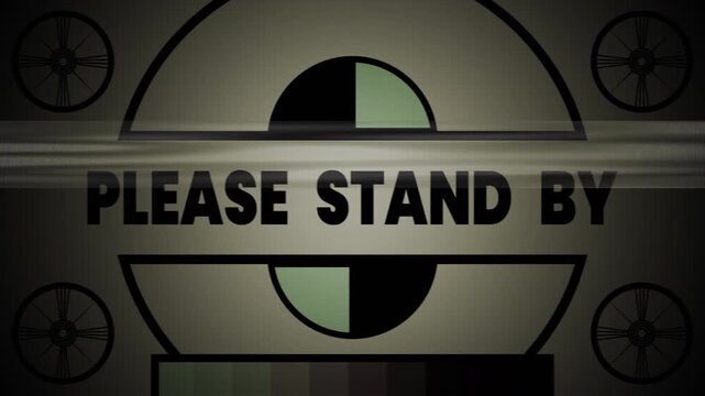 Please stand by screen displaying a test pattern design a digital screen saying please stand by. Perfect for technical difficulties, waiting periods in videos or presentations.
