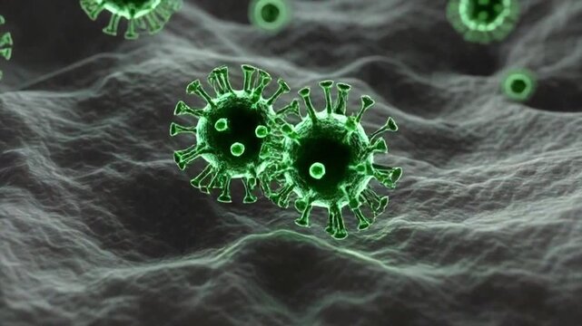 Green virus particles with spiked protrusions floating above textured biological surface, digital render symbolizing microscopic pathogens and infectious disease context.