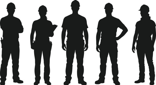 Construction workers silhouette group wearing safety helmets industrial labor team black vector illustration isolated on white background