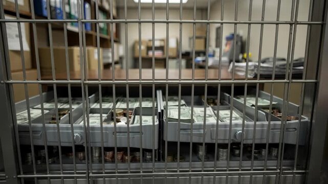 Medium shot capturing money drawers inside a cashier cage with grilles in sharp focus while the rest of the backroom with office supplies fades into a soft blur.