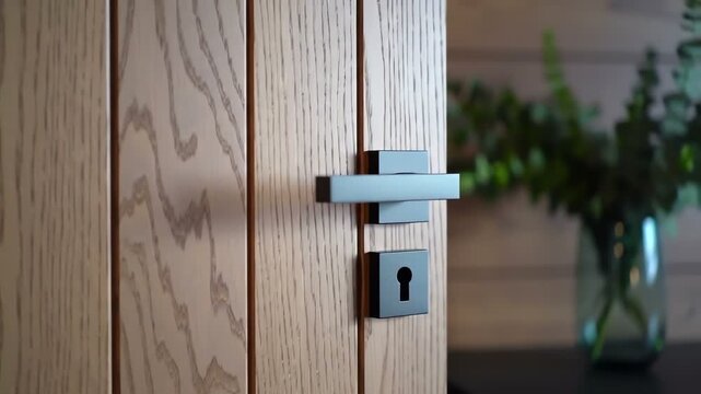 Slightly Open Wooden Door with Modern Metal Handle. Ajar doorway invites entry with wood grain texture, light, airy, and welcoming interior design.