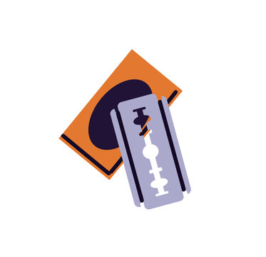 Package of razor blade. Icon of sharp edge for shaving beard, hair. Metal razorblade for shaver. Barber tool, barbershop supply, hairdressing accessory. Flat isolated vector illustration on white