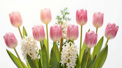 Fototapeta premium Pink tulips and white flowers arranged nicely in a simple vase on a light background