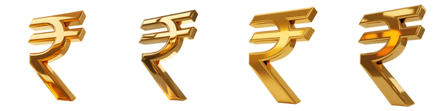 Golden indian rupee symbols in a row on transparent background