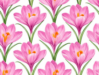 Obraz premium Elegant pink crocus seamless pattern with delicate green stems on light gray backdrop - hand-painted watercolor design for textiles and wallpaper