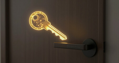 Glowing key entering smart hotel door handle unlocking modern luxurious accommodation with advanced technology and sophisticated design.