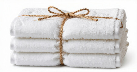 Stack of clean white towels neatly folded and tied with twine for spa or hotel use perfect for bathroom essentials and luxury linen