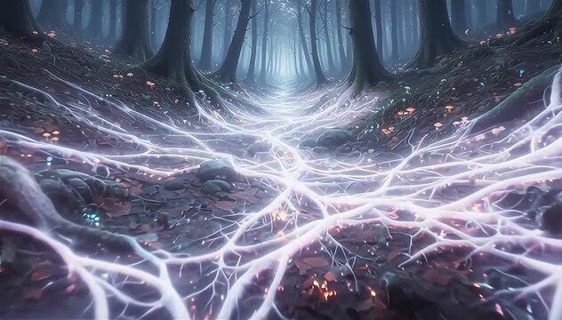 Mycelium growing into a neural network resembling massive link underground through the forest.
