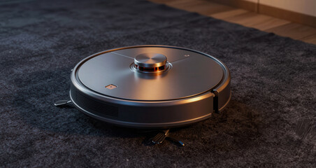 Modern sleek robotic vacuum cleaner cleaning dark gray carpeted floor with advanced navigation technology and slim design for efficient home cleaning and maintenance with minimal noise operation.