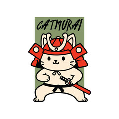 Fototapeta premium A whimsical cartoon illustration features a cute cat dressed in traditional Samurai armor, standing ready in a low stance and holding a katana sword hilt, set against a stylish olive green background