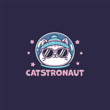 A Cool Cat cartoon illustration featuring a stylish kitten wearing a beanie and sunglasses inside a space helmet surrounded by stars on a dark background