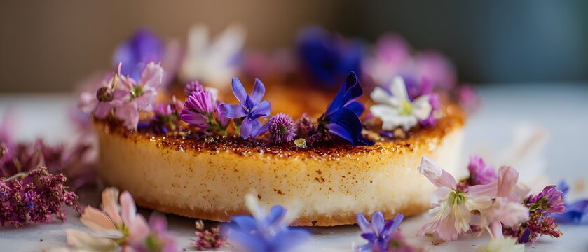 Delicate edible flower crown decadent Lavender honey crme Brle dessert crowning glory exclusive Parisian pastry shop clean professional stock photo sharp macro photography style cinematic realism