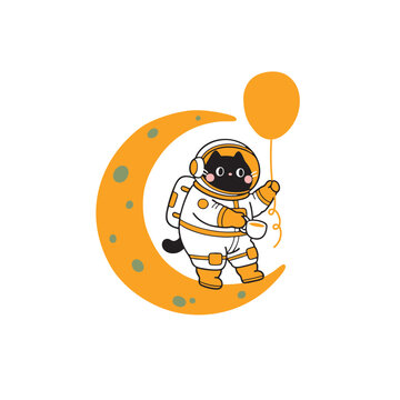 A charming black cat astronaut wearing a futuristic space suit stands happily on a large crescent moon, enjoying a coffee break while holding an orange balloon Cute Illustration