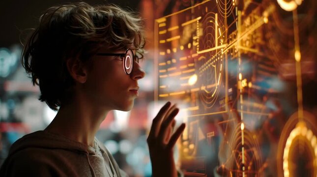 Wide shot of a 15-year-old kid standing in a futuristic, brightly lit classroom, looking intently at glowing, interactive scientific diagrams related to technological items. Creative, intellectual cur
