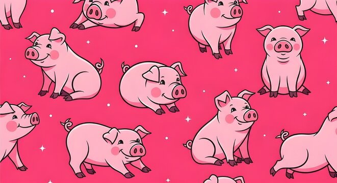 seamless pattern with cute pigs on hot pink background