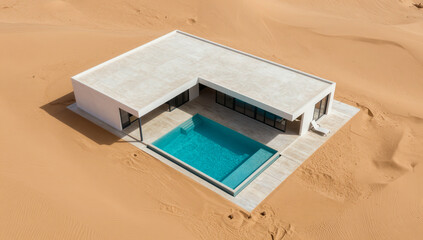 Modern white villa with swimming pool in the middle of the desert surrounded by sand dunes and blue water creating a stunning contrast between nature and architecture