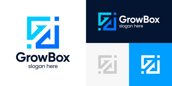 Modern growth logo design template. Colorful arrow abstract shapes logo design with digital box graphic vector illustration. Symbol, icon, creative