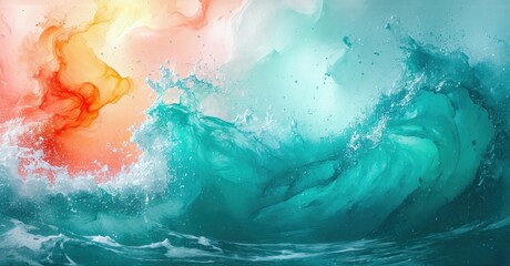 Fototapeta premium Abstract ocean waves, vibrant colors blend. Turquoise, coral hues create dynamic energy, fluid motion. Beautiful, artistic impression.