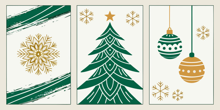 Modern christmas greeting card collection with stylized tree and golden ornaments christmas snowflake ornaments greeting celebration illustration minimalist seasonal