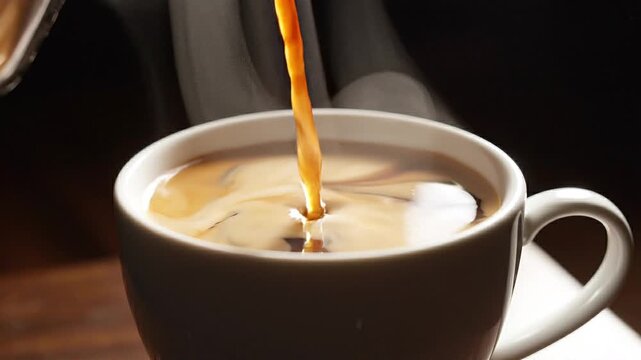 Rich dark brown espresso is carefully poured from a machine spout into a steaming white ceramic cup creating swirling patterns of cream and froth.