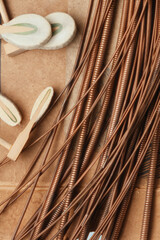 Strings of a musical instrument, background music. Close up detail of the string of an acoustic guitar, piano and hammer pianos.