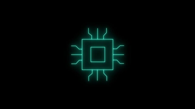 Glowing Digital CPU Icon Representing Artificial Intelligence and Modern Computing Technology on Black Background.