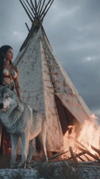 Spirituelle Verbundenheit &ndash; Native American Frau und Grauwolf im Fr&uuml;hlingslicht