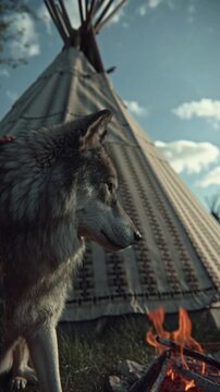 Spirituelle Verbundenheit &ndash; Native American Frau und Grauwolf im Fr&uuml;hlingslicht