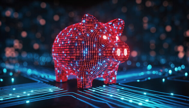 futuristic piggy bank sculpted from glowing binary code sits atop digital circuit pattern, illuminated by neon lights. image conveys finance tech, savings, digital economy.