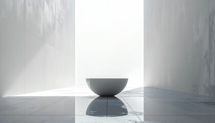 A minimalist architectural space features a bowl on a reflective surface, bathed in bright light