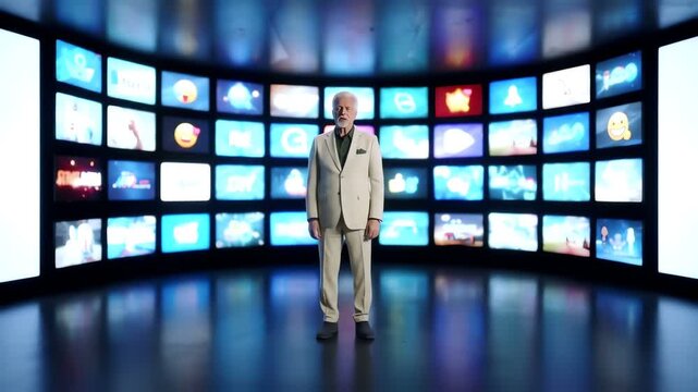 Stern man in a studio with a bank of monitors broadcasting many different types of content, standing with formality, stage presence, theatrical, contemporary.