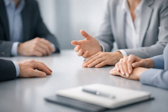 Professional Business Meeting. group of professionals sit around clean conference table, hands resting in front, signaling focused and collaborative business discussion. planning and decisive teamwork