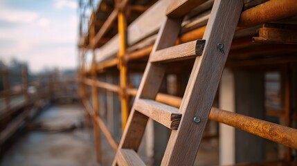 A weathered wooden ladder is set against orange scaffolding at a construction site under a soft sky