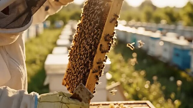 Beekeeper carefully examining a bee frame in a vibrant apiary with rows of hives